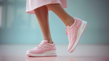 ai generado estilo en comodidad. poco reconocido mujer zapatilla de deporte selección. zapatilla de deporte decisión. elegante ropa de deporte en gris antecedentes. no identificado elegancia. mujer deportivo rosado zapatilla de deporte elección foto