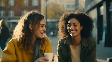 ai generado diverso alegre joven mujer tener agradable conversacion tomar entrevista escribir respuestas a cuestionario bebidas para llevar café vestido en casual ropa actitud en banco en contra urbano foto