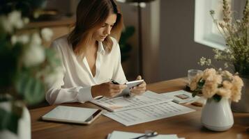 AI generated A woman sits at a desk, working with financial documents. Keeps track of the family budget, calculates expenses, makes payment plans and manages investments. She keeps the company's photo