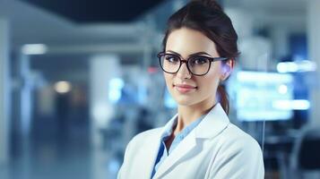 ai generado moderno médico laboratorio. joven mujer científico con especialista equipo en antecedentes. científico liderazgo. joven mujer en laboratorio Saco y lentes con experto equipo foto