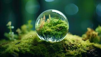 AI generated Crystal globe placed on moss. ESG icon. Concept for environment. Society and Governance sustainable global environment concept photo