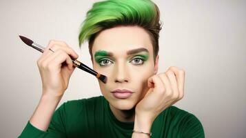 AI generated Portrait of a transgender man applying makeup. A young man is taking care of his appearance by applying makeup while wearing a green sweater. The image is isolated on a white background. photo