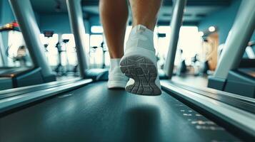 ai generado cerca arriba de masculino piernas corriendo en un rueda de andar en un moderno gimnasia, ai generativo foto