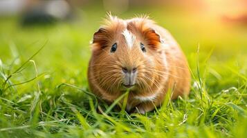 AI generated Guinea pig in the green grass with soft focus and shallow depth of field, ai generative photo