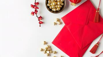 ai generado chino nuevo año decoración con rojo sobre, oro lingotes y rojo sobres en blanco antecedentes. ai generativo foto
