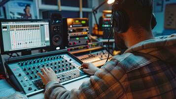 AI generated Sound engineer working in recording studio, rear view of a young man wearing headphones. AI generative photo