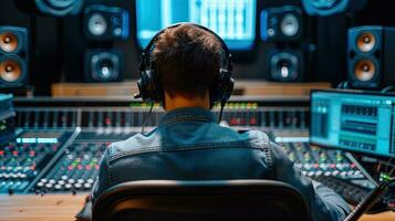 ai generado sonido ingeniero trabajando en grabación estudio, posterior ver de un joven hombre vistiendo auriculares. ai generativo foto