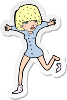 klistermärke av en tecknad serie kvinna sparkar av strumpa png
