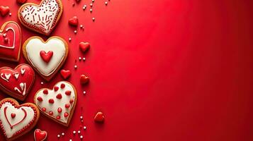 AI generated Valentines day background with heart shaped gingerbread cookies on red background, ai generative photo