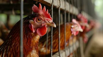 ai generado gallo en gallinero de cerca vista. ganado agricultura, ai generativo foto