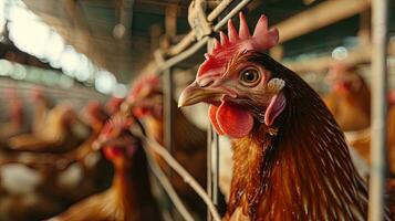 ai generado gallo en gallinero de cerca vista. ganado agricultura, ai generativo foto