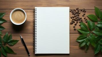 AI generated Blank notepad with coffee cup and green leaves on wooden table, ai generative photo
