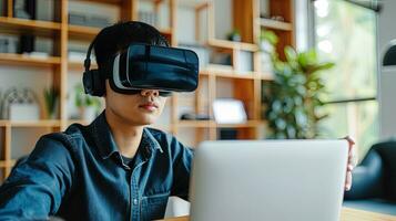 AI generated Young asian man wearing virtual reality headset and using laptop at home, ai generative photo