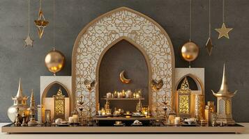 ai generado 3d ilustración de islámico interior diseño con Arábica adornos, ai generativo foto