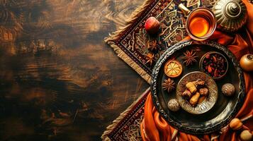 AI generated Top view Arabic tea with nuts and honey on wooden background, ai generative photo