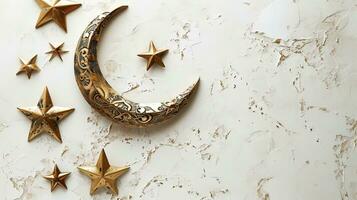 AI generated Golden crescent moon and stars on white textured background with copy space, ai generative photo