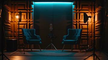 AI generated Podcast studio with two chairs and lamps minimalist concept, ai generative photo