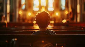 ai generado pequeño chico Orando en Iglesia espalda vista. cristiano religión concepto. ai generativo foto