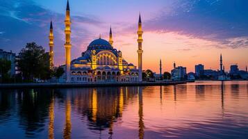 ai generado puesta de sol ver de mezquita con reflexiones, ai generativo foto