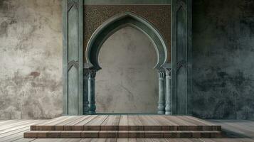 AI generated 3d rendering of islamic interior with wooden floor and wall, ai generative photo