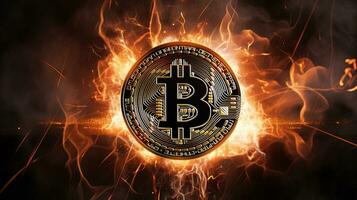 AI generated Cryptocurrency concept Bitcoin on fire background, ai generative photo