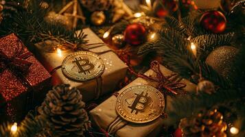 ai generado dorado bitcoins en un Navidad árbol con regalos y un guirnalda, ai generativo foto