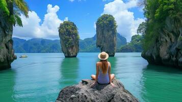 AI generated Young woman sitting on the rock and looking at the sea in Thailand, ai generative photo