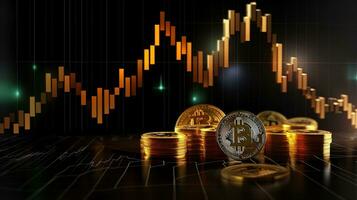 AI generated 3d rendering of golden bitcoin coins and candlestick chart background, ai generative photo