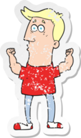 retro distressed sticker of a cartoon surprised man flexing biceps png