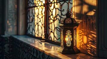 AI generated Traditional Arabic lantern on a window sill, ai generative photo