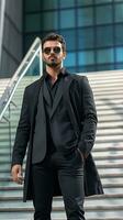 AI generated Businessman in black suit and sunglasses standing on stairs near office building, ai generative photo
