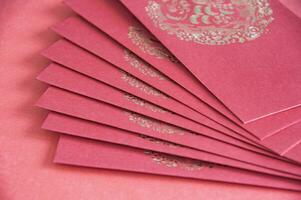 Red envelope on red background with customizable space for text. Chinese New Year celebration photo