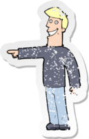 retro distressed sticker of a cartoon pointing man png