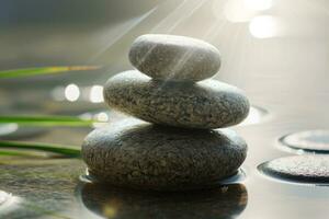 Light shining on zen stones with customizable space for text. Copy space photo