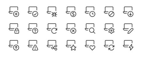 Laptop icon set. Data transfer, laptop lock, laptop set up, setting and laptop options, technology related linear simple icons, vector icon collection.