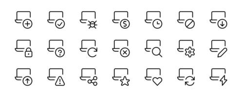 ordenador portátil icono colocar. datos transferir, ordenador portátil cerrar con llave, ordenador portátil conjunto arriba, ajuste y ordenador portátil opciones, tecnología relacionado lineal sencillo iconos, vector icono recopilación.
