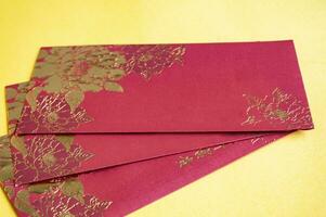 Chinese New Year red packets on yellow cover background with customizable space for text photo