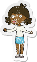 retro distressed sticker of a cartoon confused woman png
