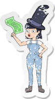 retro distressed sticker of a cartoon woman holding on to money png