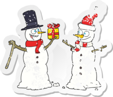 retro distressed sticker of a cartoon snowmen exchanging gifts png