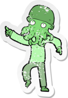 retro distressed sticker of a cartoon alien man dancing png