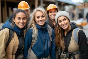 ai generado sonriente construcción trabajadores en la seguridad engranaje foto