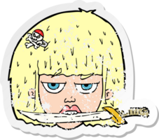 retro distressed sticker of a cartoon woman holding knife between teeth png