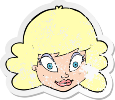 retro distressed sticker of a cartoon happy female face png