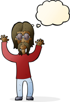 tecknad serie hippie man vinka vapen med trodde bubbla png