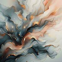 Natural luxury abstract fluid art illustration with liquid ink technique. Wallpaper with soft and beautiful shades. The mix of colors creates transparent waves and an embossed effect of gold streaks. photo