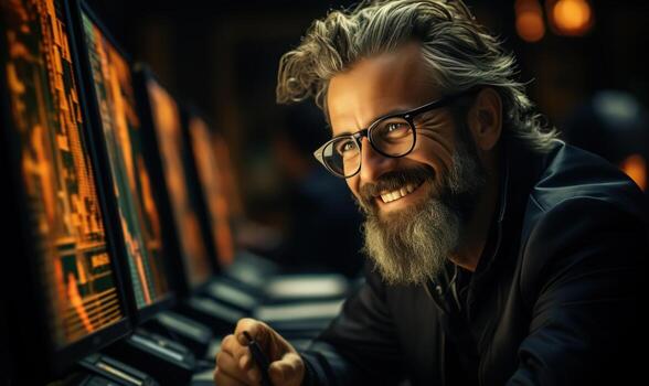 AI generated Businessman and financial analysis graph chart stock exchange in trading room. Generative Ai. photo