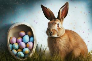 AI generated Cute Easter Bunny and Easter Eggs with green grasses and flower. Generative Ai. photo