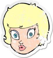 retro distressed sticker of a cartoon surprised female face png