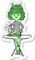 retro distressed sticker of a cartoon alien woman ironing png